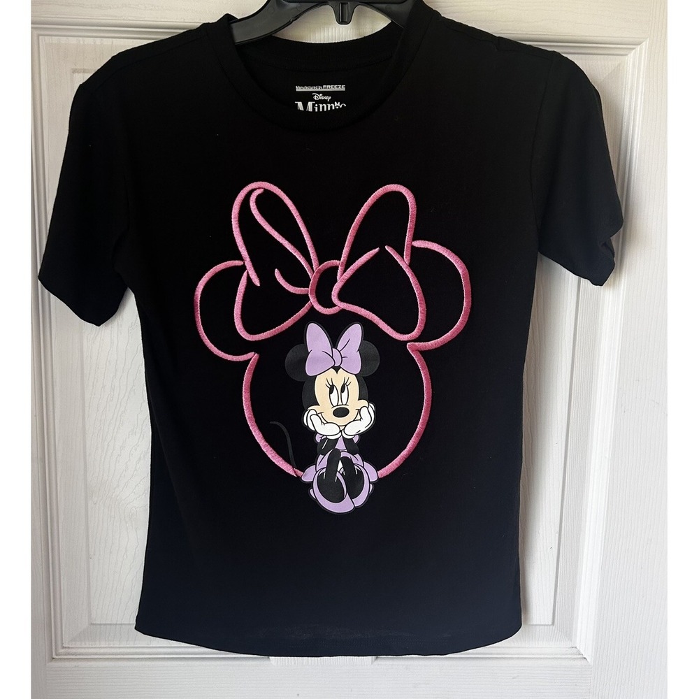 Disney T-Shirt Minnie Mouse Embroidered Bow Black Youth Girls L 8/10 Disney BxK‎